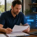 AI Assistants for Contractors Contractor collaborating with an AI office assistant while reviewing customer messages, job notes and estimates