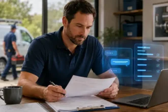 AI Assistants for Contractors Contractor collaborating with an AI office assistant while reviewing customer messages, job notes and estimates