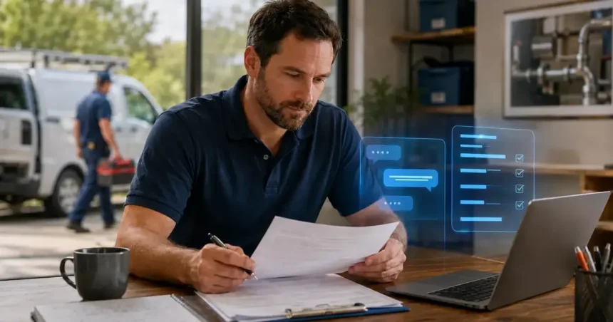 AI Assistants for Contractors Contractor collaborating with an AI office assistant while reviewing customer messages, job notes and estimates
