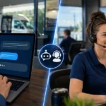 Home service business team planning ai chatbot vs. live chat for home service websites with a digital operations dashboard