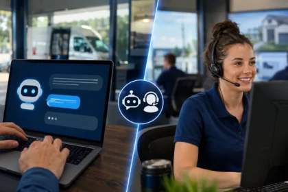Home service business team planning ai chatbot vs. live chat for home service websites with a digital operations dashboard