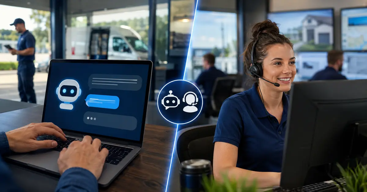 Home service business team planning ai chatbot vs. live chat for home service websites with a digital operations dashboard