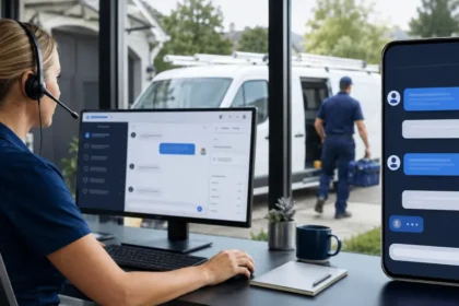 Home service business team planning ai chatbots for contractor websites with a digital operations dashboard