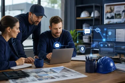 Home service business team planning ai content tools for contractors with a digital operations dashboard