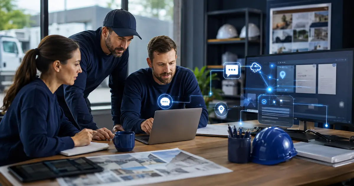 Home service business team planning ai content tools for contractors with a digital operations dashboard