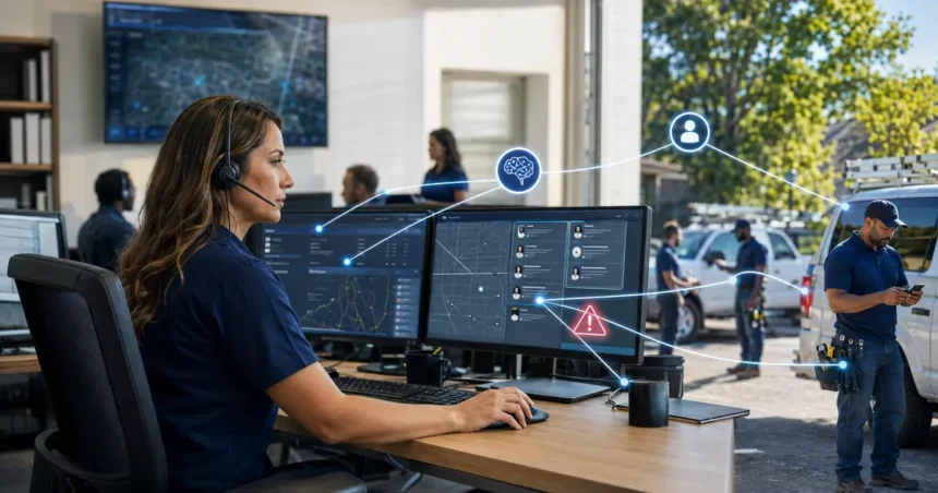 Home service business team planning ai dispatching for contractors with a digital operations dashboard