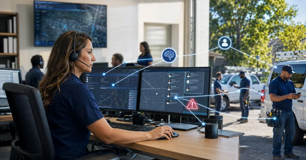 Home service business team planning ai dispatching for contractors with a digital operations dashboard