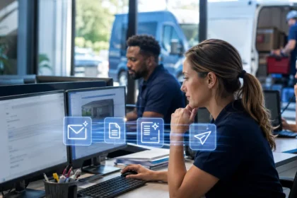 Home service business team planning ai email assistants for busy home service office teams with a digital operations dashboard