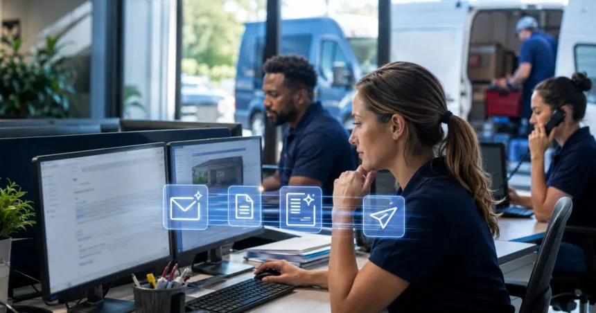 Home service business team planning ai email assistants for busy home service office teams with a digital operations dashboard