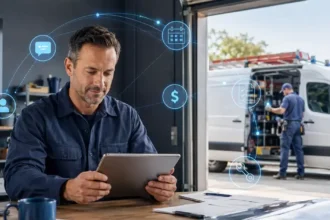 AI for Home Service Businesses: A Practical Guide for Contractors Home service business owner reviewing AI-assisted scheduling, calls and estimates on a digital operations dashboard