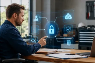 Home service business team planning ai privacy risks for home service businesses with a digital operations dashboard