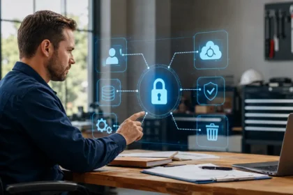Home service business team planning ai privacy risks for home service businesses with a digital operations dashboard