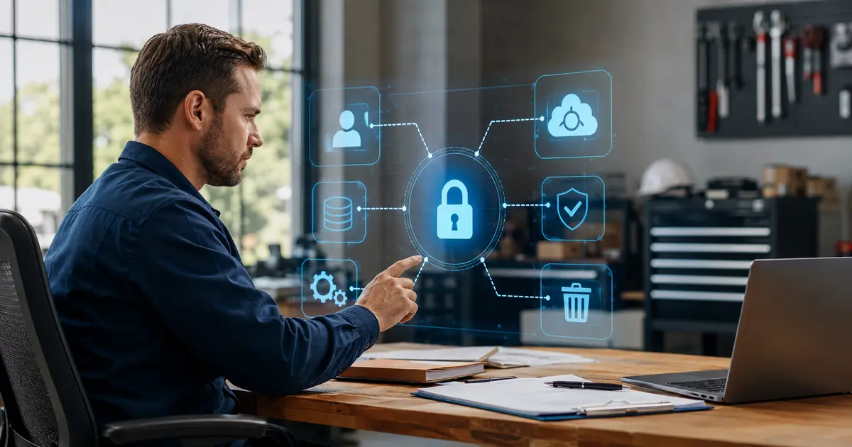 Home service business team planning ai privacy risks for home service businesses with a digital operations dashboard