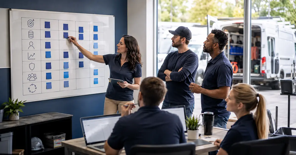 Home service business team planning ai readiness checklist for contractors with a digital operations dashboard