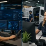 Home service business team planning ai receptionist vs. answering service with a digital operations dashboard