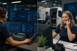Home service business team planning ai receptionist vs. answering service with a digital operations dashboard