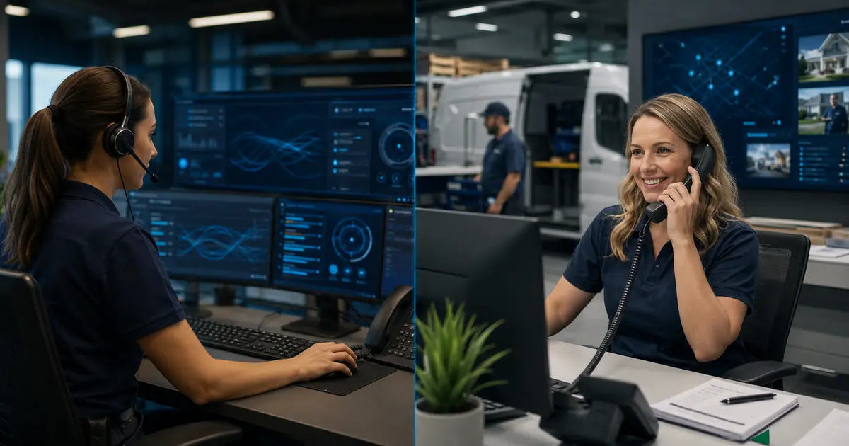 Home service business team planning ai receptionist vs. answering service with a digital operations dashboard