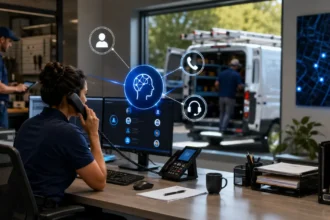 Home service business team planning ai receptionists for home service businesses with a digital operations dashboard