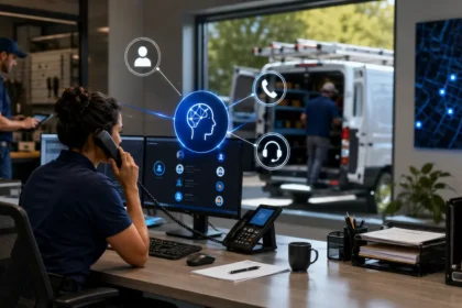 Home service business team planning ai receptionists for home service businesses with a digital operations dashboard