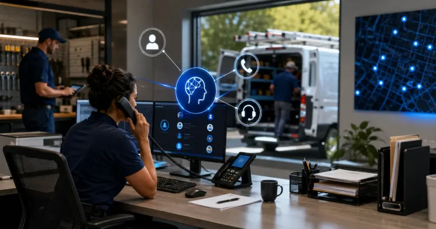 Home service business team planning ai receptionists for home service businesses with a digital operations dashboard