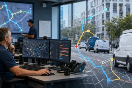 Home service business team planning ai route optimization for home service fleets with a digital operations dashboard