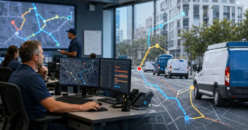 Home service business team planning ai route optimization for home service fleets with a digital operations dashboard