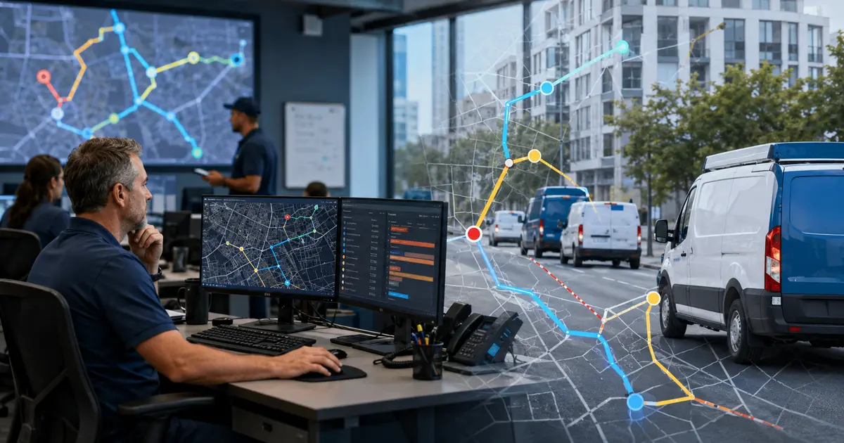 Home service business team planning ai route optimization for home service fleets with a digital operations dashboard