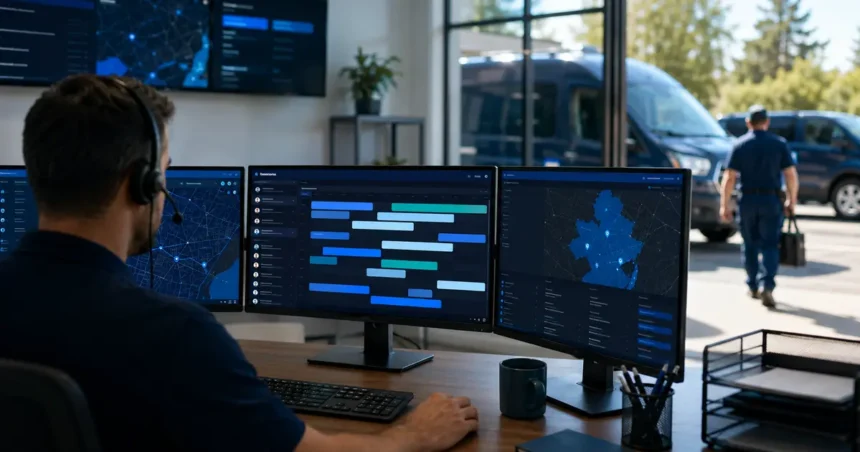 Home service business team planning ai scheduling for home services with a digital operations dashboard