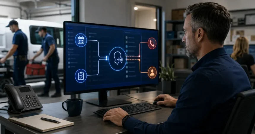 Home service business team planning ai voice agents for contractors with a digital operations dashboard