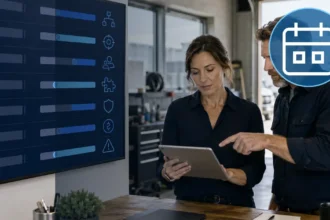 Home service business team planning best scheduling software for home service businesses with a digital operations dashboard