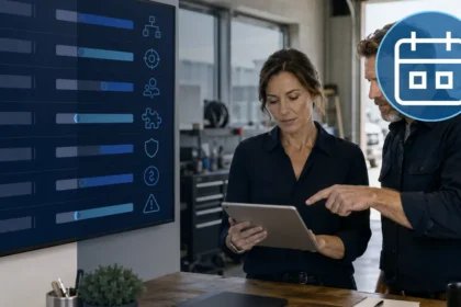 Home service business team planning best scheduling software for home service businesses with a digital operations dashboard