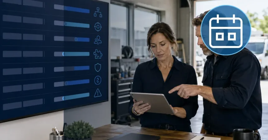 Home service business team planning best scheduling software for home service businesses with a digital operations dashboard