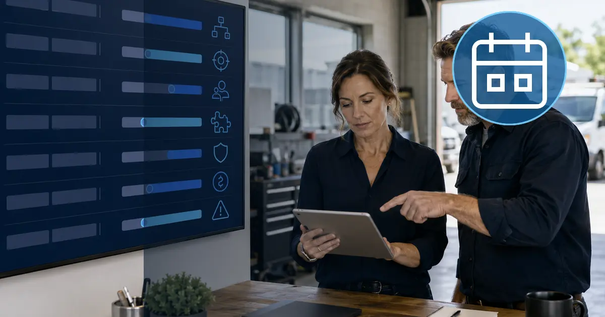 Home service business team planning best scheduling software for home service businesses with a digital operations dashboard
