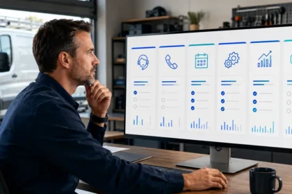Home service business team planning best software for home service businesses with a digital operations dashboard