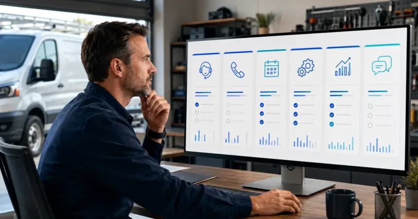 Home service business team planning best software for home service businesses with a digital operations dashboard