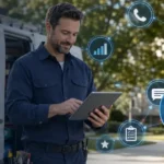 Home service business team planning best team communication apps for field service companies with a digital operations dashboard