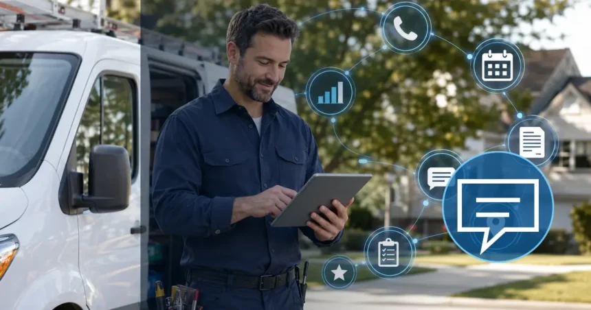 Home service business team planning best team communication apps for field service companies with a digital operations dashboard