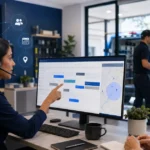 Home service business team planning an ai receptionist book service appointments accurately with a digital operations dashboard