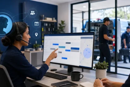Home service business team planning an ai receptionist book service appointments accurately with a digital operations dashboard