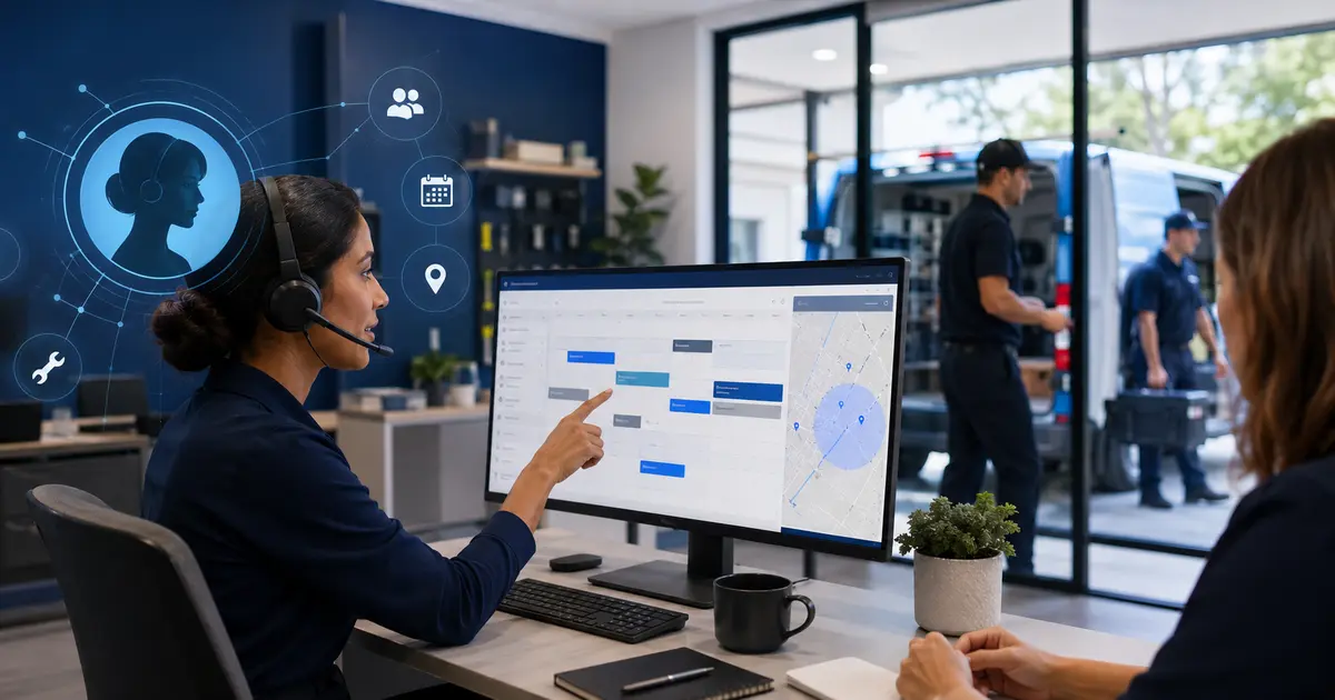 Home service business team planning an ai receptionist book service appointments accurately with a digital operations dashboard