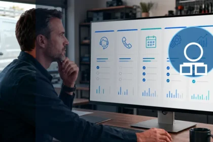 Home service business team planning cloud-based vs. desktop contractor software with a digital operations dashboard