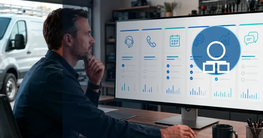 Home service business team planning cloud-based vs. desktop contractor software with a digital operations dashboard