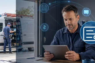 Home service business team planning contractor accounting software vs. general small-business accounting tools with a digital operations dashboard