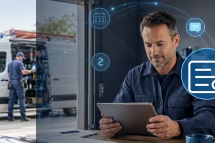 Home service business team planning contractor accounting software vs. general small-business accounting tools with a digital operations dashboard