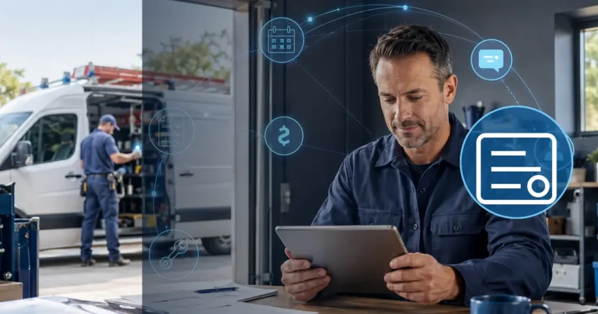 Home service business team planning contractor accounting software vs. general small-business accounting tools with a digital operations dashboard