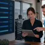 Home service business team planning contractor crm migration checklist with a digital operations dashboard