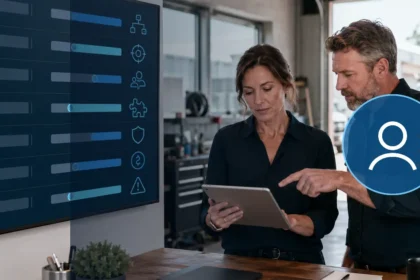 Home service business team planning contractor crm migration checklist with a digital operations dashboard