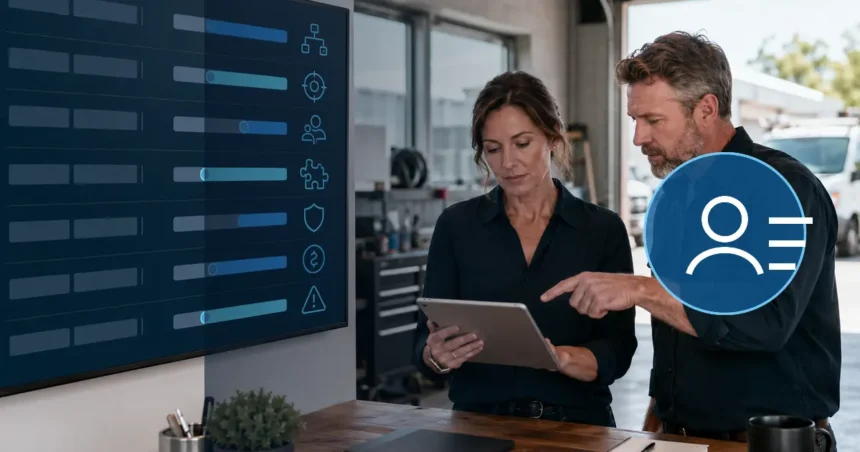 Home service business team planning contractor crm migration checklist with a digital operations dashboard