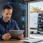 Home service business team planning contractor software with a digital operations dashboard