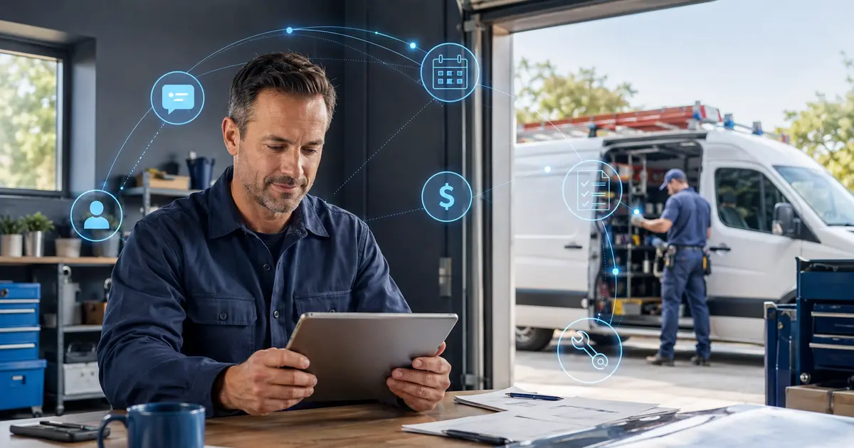Home service business team planning contractor software with a digital operations dashboard